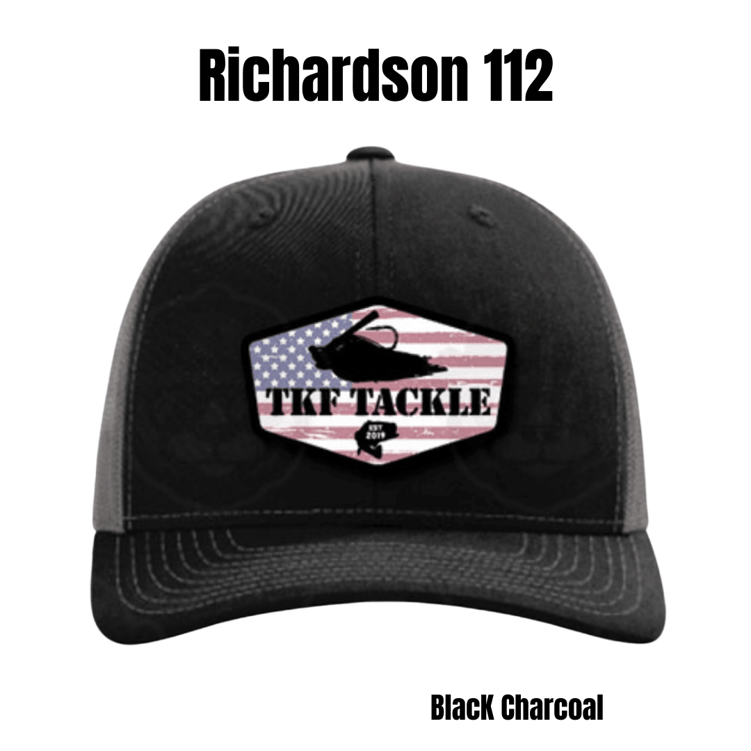 Custom Embroidered Patch Hats - Patch Hats | Team Know Fish Tackle Black/Grey Richardson 112 Flag
